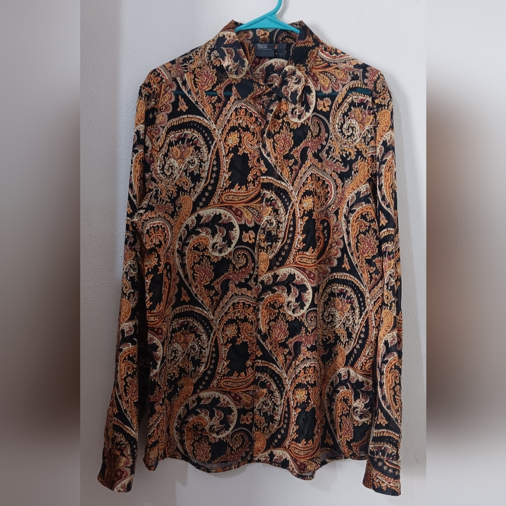 ASOS - Paisley Burnout Long-sleev Button Up - Black, Yellow - Large